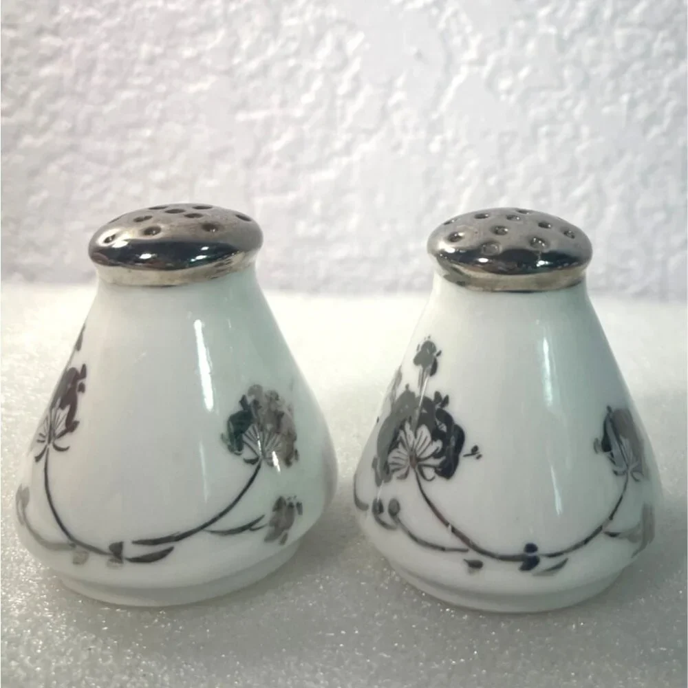 Vintage Bavaria Porcelain‎ Salt & Pepper Shakers Silver Floral Trim Germany  MCM